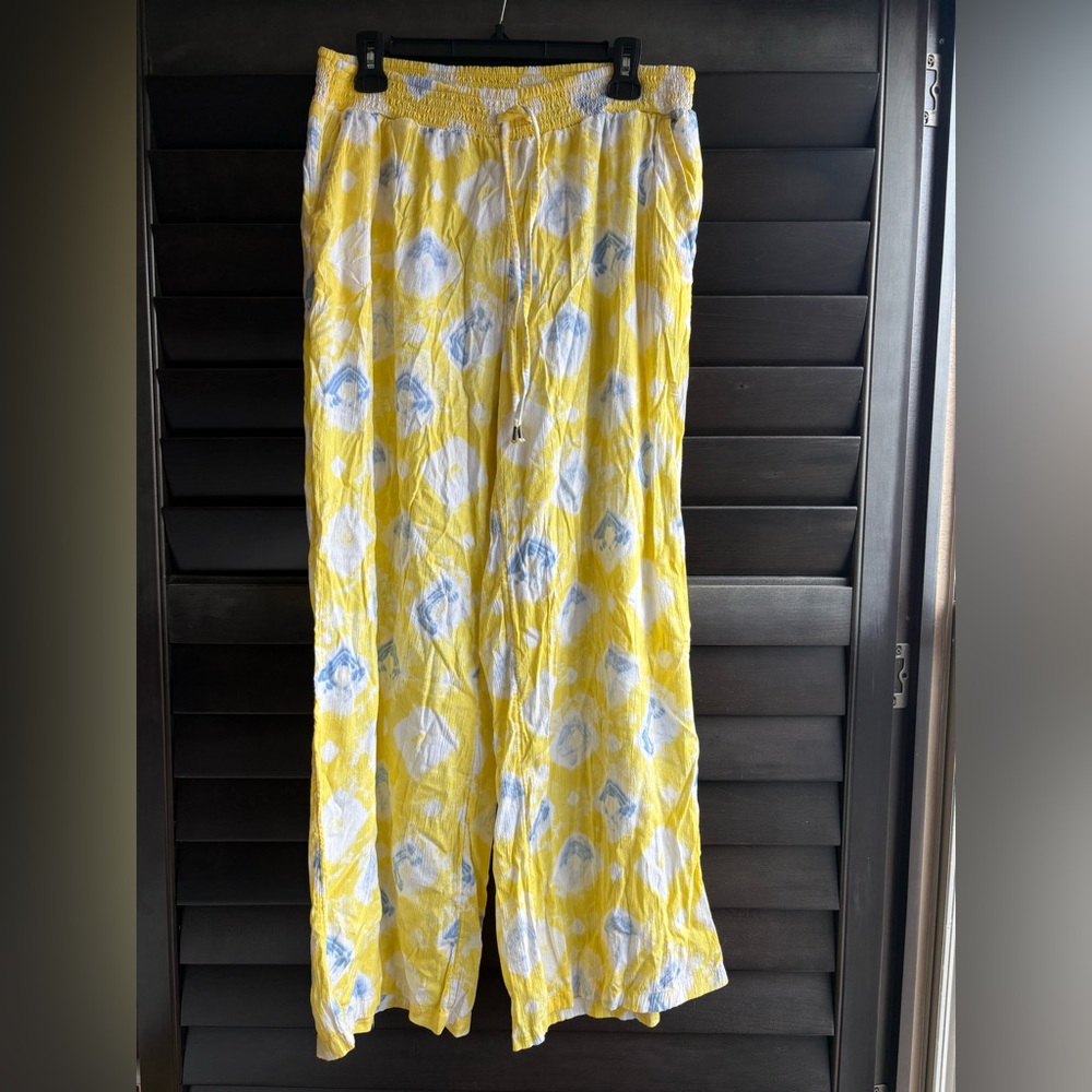 Style & Co Yellow Pull on Large Wide Leg Tie Dye Print Pants Eclectic Cotton Ble